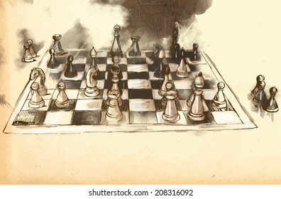 An hand drawn vector picture from series: The World's Great Chess Games. Karpov - Kasparov. Game 16 - position after 16.
