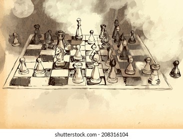 An hand drawn vector picture from series: The World's Great Chess Games. Byrne - Fischer ("The Game of the Century" - 1956), position after 11.