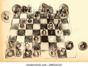 An hand drawn vector picture from series: The World's Great Chess Games. Anderssen - Kieseritsky ("The Immortal Game" - 1851). Position after 11.