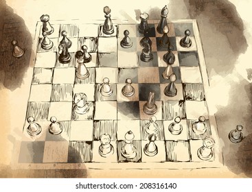 An hand drawn vector picture from series: The World's Great Chess Games. Byrne - Fischer ("The Game of the Century" - 1956), position after 11.