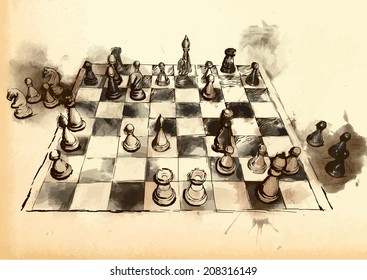 An hand drawn vector picture from series: The World's Great Chess Games. Anderssen - Dufresne ("The Evergreen Partie" - 1852), position after 19.