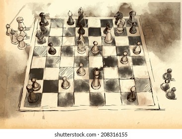 An hand drawn vector picture from series: The World's Great Chess Games. Anderssen - Kieseritsky ("The Immortal Game" - 1851). Position after 22.