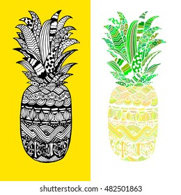Hand drawn vector pineapple. Black white yellow and green graphic design. Abstract patterned fruit for your creativity. Doodle sketch. Vector illustration.