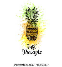 Hand drawn vector pineapple with lettering. Black white yellow and green graphic design. Abstract patterned fruit for your creativity. Doodle sketch with watercolor. Vector illustration.