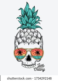 Hand drawn vector pineapple skull and sunglasses. For apparel prints, posters and other uses.