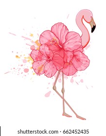 Hand drawn vector pink floral flamingo on a white background