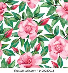 Hand drawn vector pink roses flowers, green leaves pattern seamless white background
