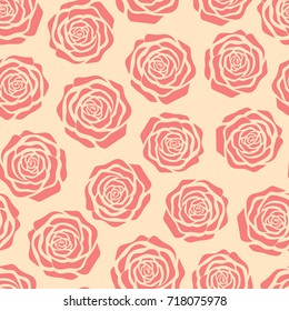 Hand drawn vector pink roses silhouettes seamless pattern on the beige background. Abstract delicate floral ornament.