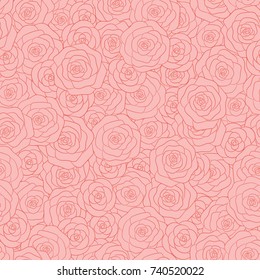 Hand drawn vector pink roses with red outline seamless pattern. Delicate floral ornament.