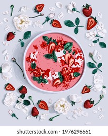 Hand drawn vector pink smoothie bowl illustration. Smoothie with strawberry, blueberry, green leaves and edible flowers, rose petal and buds.