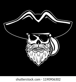 hand drawn vector pirate skull with beard, hat and eye patch. T-shirt template, halloween, evil eye.