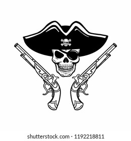 hand drawn vector pirate skull with beard, hat and eye patch. T-shirt template, halloween, evil eye.
