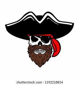 hand drawn vector pirate skull with beard, hat and eye patch. T-shirt template, halloween, evil eye.