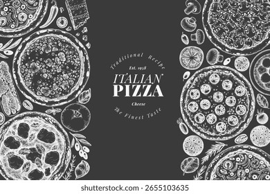 Hand Drawn Vector Pizza Chalk Board Design Template. Not AI Generated Illustration. Retro Pizza Banner. Old School Italian Food Background