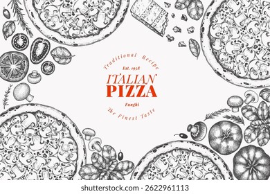 Hand Drawn Vector Pizza Illustration. Retro Mushroom Pizza Design Template. Old School Italian Food