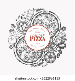Hand Drawn Vector Pizza Illustration. Retro Cheese Pizza Design Template. Old School Italian Food