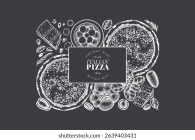 Hand Drawn Vector Pizza Illustration. Retro Cheese Pizza Chalk Board Design Template. Old School Italian Food