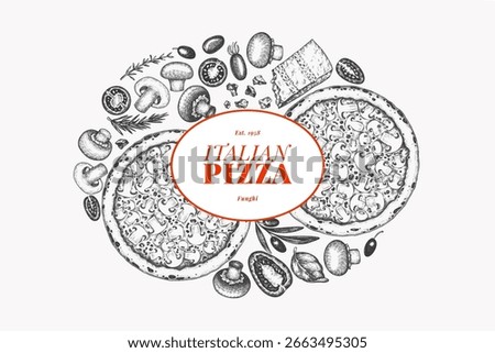 Hand Drawn Vector Pizza Illustration. Not AI Generated. Retro Mushroom Pizza Design Template. Old School Italian Food
