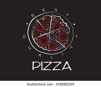 Hand drawn vector pizza logo on black background