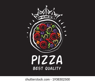 Logo de la pizza vector dibujado a mano sobre fondo negro