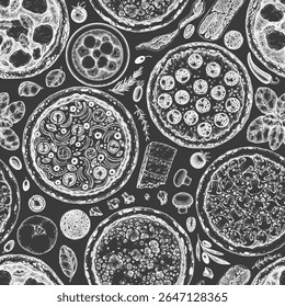Hand Drawn Vector Pizza Seamless Pattern. Not AI Generated Illustration. Retro Pizza Chalk Board Wallpaper. Old School Italian Food Background