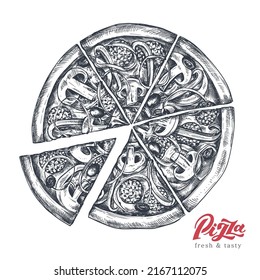 Hand drawn vector pizza in sketch style. Traditional Italian food. Illustration of whole pizza and slice. Can be used for menu, card, poster and flyers design.