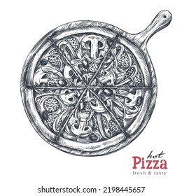 Hand drawn vector pizza in sketch style. Traditional Italian food. Illustration of whole pizza on the board. Can be used for menu, card, poster and flyers design.