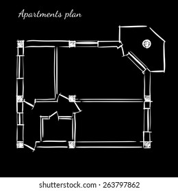 Hand drawn vector plan of the apartment with one bedroom on the black background.