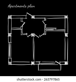 Hand drawn vector plan of the apartment with one bedroom on the black background.