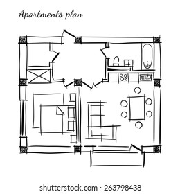 Hand drawn vector plan of the apartment with one bedroom and with furniture on the white background.