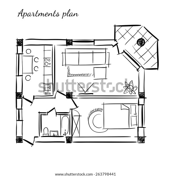 Hand Drawn Vector Plan Apartment One Stock Vector Royalty Free