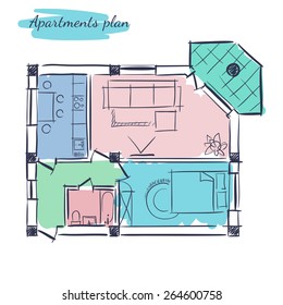 Hand drawn vector plan of the colorful apartment with one bedroom and with furniture on the white background.