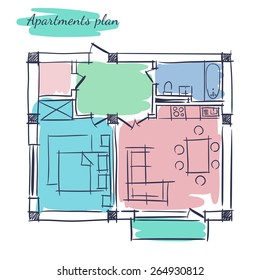 Hand drawn vector plan of the colorful apartment with one bedroom and with furniture on the white background.