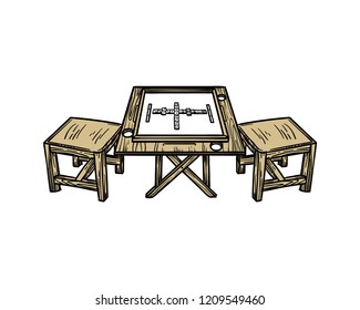 Hand Drawn Vector Playing Domino with Board Table and Chairs Sign Symbol Logo Template Design Inspiration