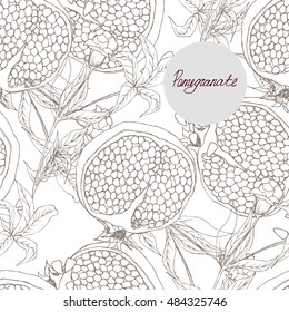 Hand drawn vector pomegranate, branch with flower and seeds isolated on white. Image for design cards, invitations, flyers, Wallpapers, booklets, posters, recipes. EPS10. Seamless pattern.