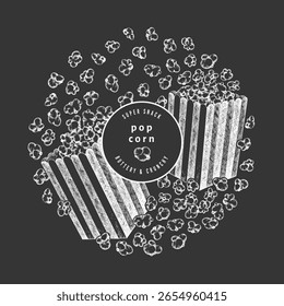 Hand Drawn Vector Pop Corn Illustration. Not AI Generated. Movie Night Chalk Board Background. Old Fashioned American Culture Banner. Vintage Popcorn Design Template.