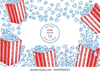Hand Drawn Vector Pop Corn Illustration. Not AI Generated. Movie Night Background. Old Fashioned American Culture Banner. Vintage Popcorn Design Template.