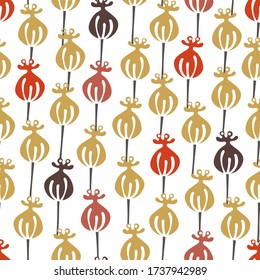 Hand drawn vector poppyhead, flower in mustard yellow, brawn, coral, red on whiet background. Abstract simple print for textile, fabric, package, gift wrap, wall art design