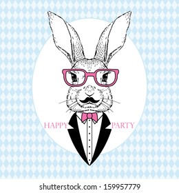 Hand Drawn Vector Portrait of Bunny in Pink Glasses and Tuxedo, Party Look, Easter