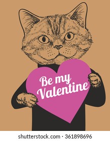 Hand Drawn Vector Portrait of Cat holding heart that says be my Valentine