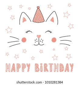 Hand drawn vector portrait of a cute funny cat in party hat, with text Happy Birthday. Isolated objects on white background. Vector illustration. Design concept for children, party, celebration, card.