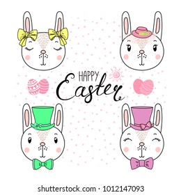 Hand drawn vector portrait of a cute funny bunnies in hats, with ribbons, text Happy Easter, eggs. Isolated objects on white background. Vector illustration. Design concept for children, celebration.