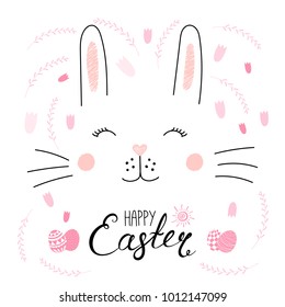 Hand drawn vector portrait of a cute funny bunny, with text Happy Easter, eggs. Isolated objects on white background. Vector illustration. Design concept for children, celebration.