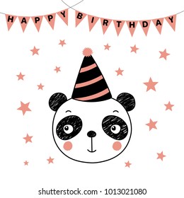 Hand drawn vector portrait of a cute funny panda in party hat, with text Happy Birthday. Isolated objects on white background. Vector illustration. Design concept for kids, party, celebration, card.