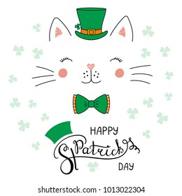 Hand drawn vector portrait of a cute funny cat in a leprechaun top hat, with text Happy Saint Patrick's day. Isolated objects on white. Vector illustration. Design concept for children, celebration.