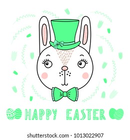 Hand drawn vector portrait of a cute funny bunny in a hat, with text Happy Easter, eggs. Isolated objects on white background. Vector illustration. Design concept for children, celebration.