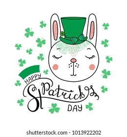 Hand drawn vector portrait of a cute funny rabbit in a leprechaun top hat, with text Happy Saint Patrick's day. Isolated objects on white. Vector illustration. Design concept for children, celebration