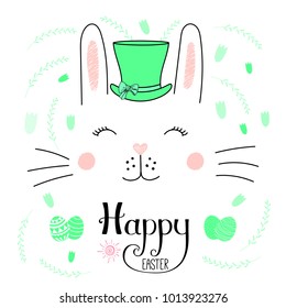 Hand drawn vector portrait of a cute funny bunny in a hat, with text Happy Easter, eggs. Isolated objects on white background. Vector illustration. Design concept for children, celebration.