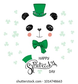Hand drawn vector portrait of a cute funny panda in a leprechaun top hat, with text Happy Saint Patrick's day. Isolated objects on white. Vector illustration. Design concept for children, celebration.