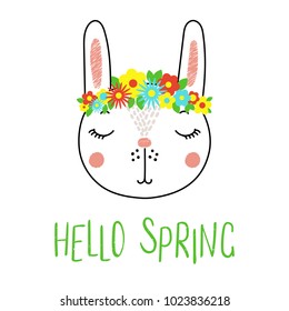 Hand drawn vector portrait of a cute funny bunny with flowers, text Hello Spring. Isolated objects on white background. Vector illustration. Design concept for children.